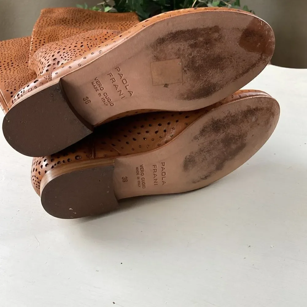 PAOLA FRANI Perforated Tall Leather Boots Made in Italy Size 6 EUC